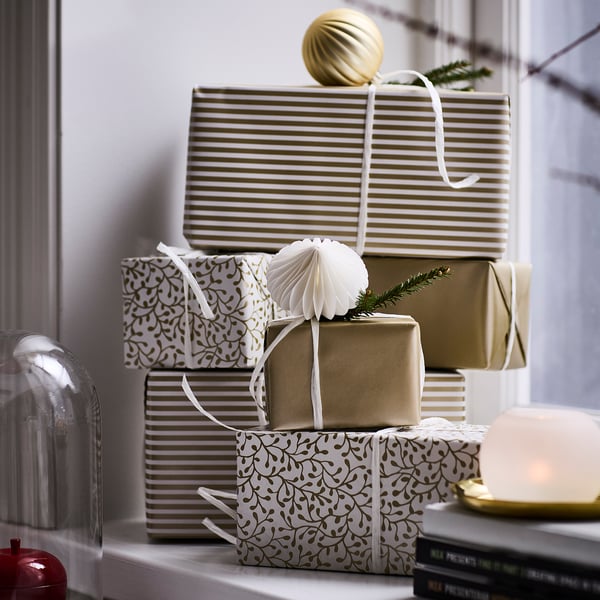 IKEA VINTERFINT Gift Wrap Roll Mixed Patterns Gold 9.84x2.30 '/22.60 Sq Feet