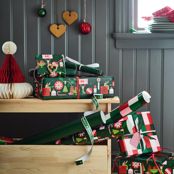 IKEA VINTERFINT Gift Wrap Roll Mixed Patterns Green/red 9.84x2.30 '/22.60 Sq Feet