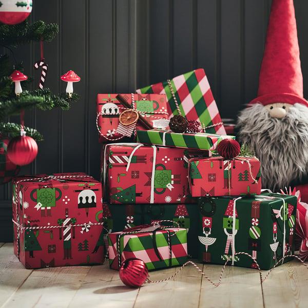 IKEA VINTERFINT Gift Wrap Roll Mixed Patterns Red/green 9.84x2.30 '/22.60 Sq Feet
