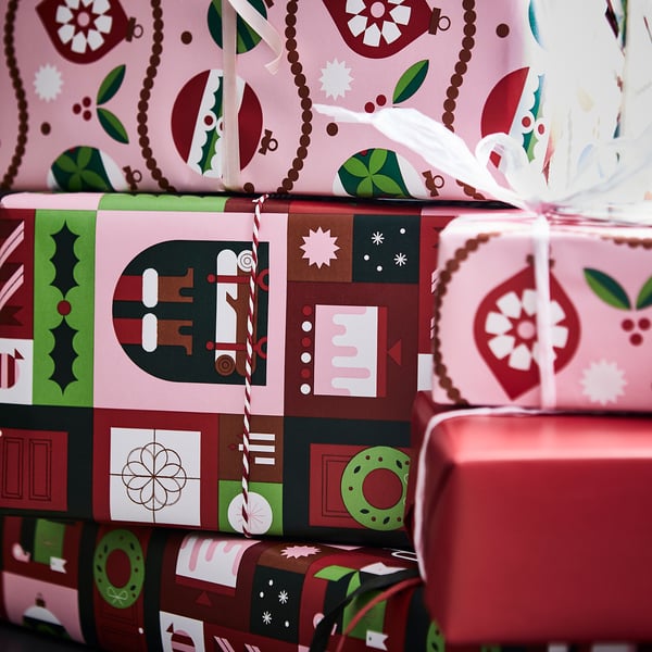 IKEA VINTERFINT Gift Wrap Roll Mixed Patterns Red/pink 9.84x2.30 '/22.60 Sq Feet
