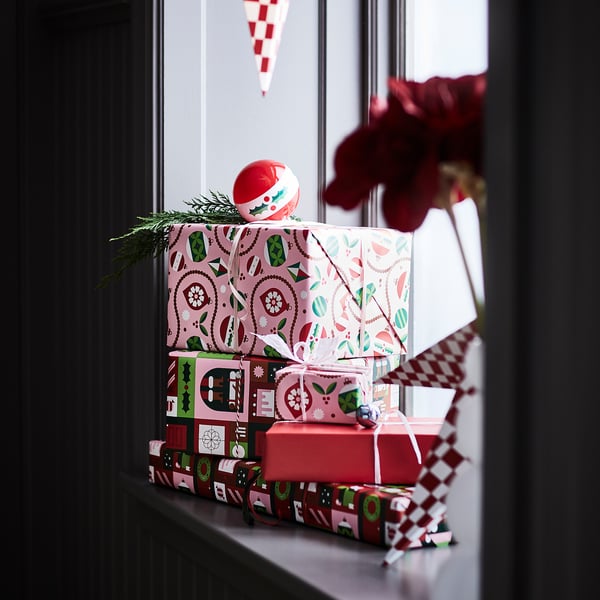 IKEA VINTERFINT Gift Wrap Roll Mixed Patterns Red/pink 9.84x2.30 '/22.60 Sq Feet