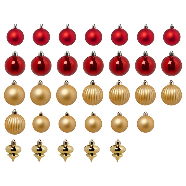 IKEA VINTERFINT Tree ornament set of 32 bauble mixed shapes/red gold