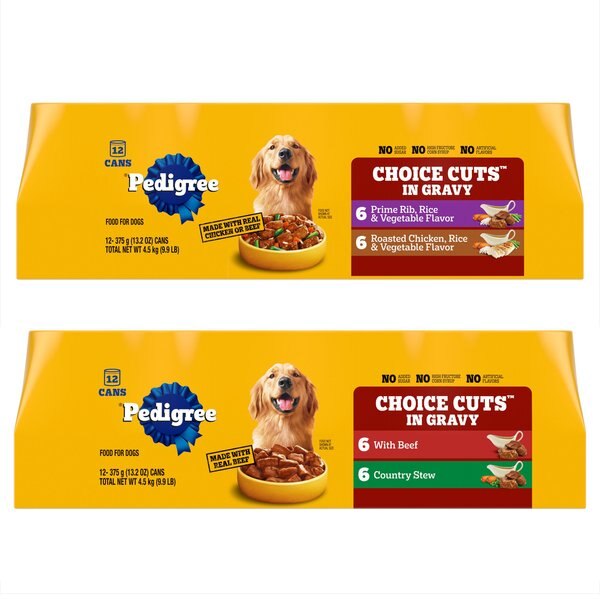 Chewy Bundle: Pedigree Choice Cuts In Gravy Beef & Country Stew Variety Pack + Prime Rib Rice & Vegetable Flavor & Roasted Chicken Canned Wet Dog Food Variety Pack 13.2-oz case of 24