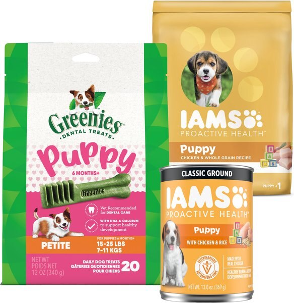 Chewy Bundle: Puppy Variety Pack: Greenies Petite Dental Treats 20 count + Iams Proactive Health Smart with Real Chicken Dry Food 15-lb bag + Iams ProActive Health Classic Ground with Chicken & Rice Canned Wet Food 13-oz can cas