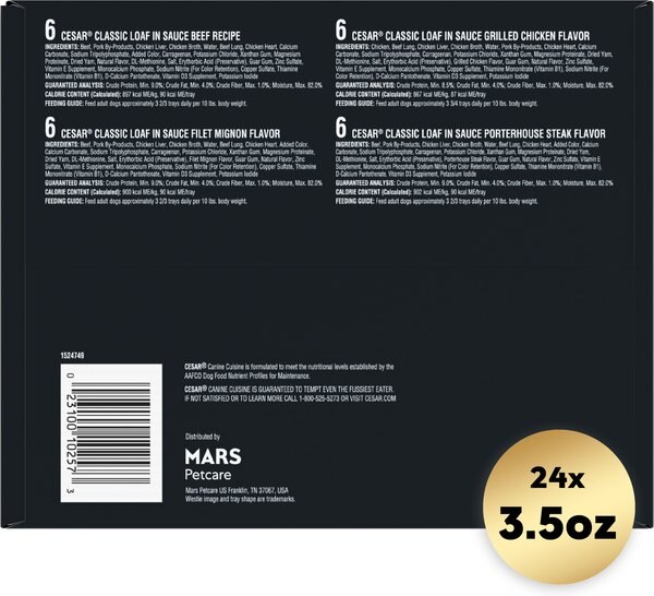 Chewy Cesar Classic Loaf In Sauce Beef Recipe Filet Mignon Grilled Chicken & Porterhouse Steak Flavors Variety Pack Grain-Free Small Breed Adult Wet Dog Food Trays 3.5-oz Case Of 24