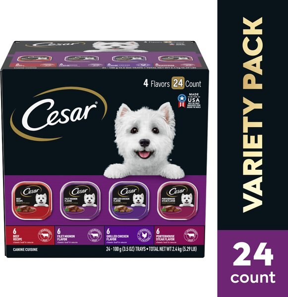Chewy Cesar Classic Loaf In Sauce Beef Recipe Filet Mignon Grilled Chicken & Porterhouse Steak Flavors Variety Pack Grain-Free Small Breed Adult Wet Dog Food Trays 3.5-oz Case Of 24