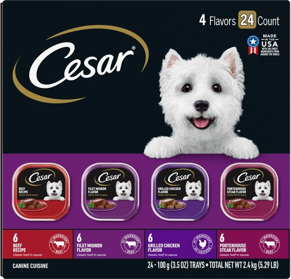 Chewy Cesar Classic Loaf in Sauce Beef Recipe Filet Mignon Grilled Chicken & Porterhouse Steak Flavors Variety Pack Grain-Free Small Breed Adult Wet Dog Food Trays 3.5-oz case of 24