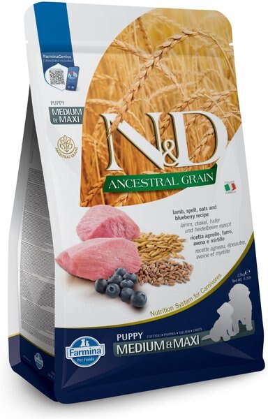 Chewy Farmina N&D Ancestral Grain Lamb & Blueberry Recipe Puppy Medium & Maxi Dry Dog Food 5.5-lb bag