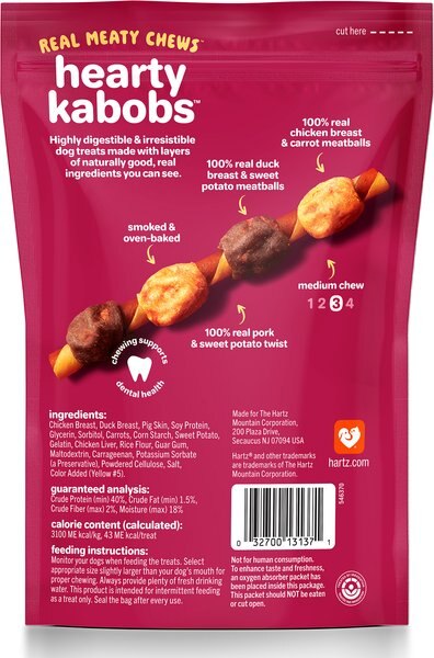 Chewy Hartz Oinkies Hearty Kabobs With 100% Real Chicken & Duck Carrot & Sweet Potato Rawhide-Free Natural Dog Treats 6 Count