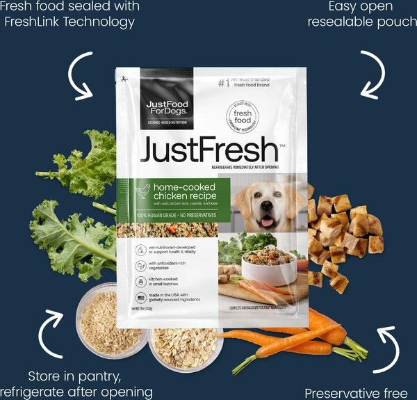 Chewy JustFoodForDogs JustFresh Human Grade Home-Cooked Chicken Recipe Fresh Dog Food 12-oz Pouch