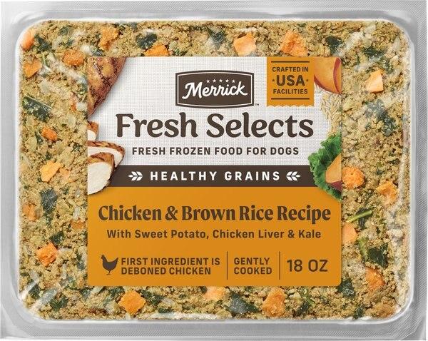 Chewy Merrick Fresh Selects Frozen Chicken & Brown Rice Dog Food 18-oz pouch 21 count