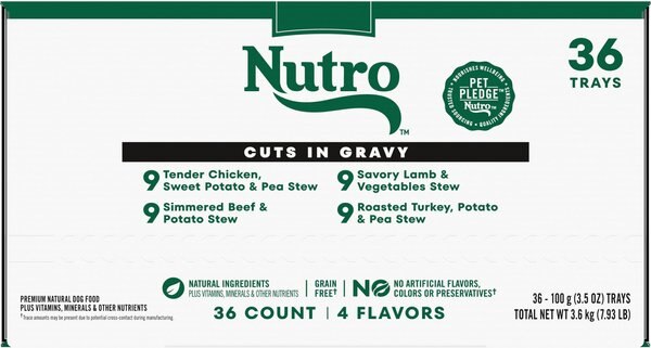 Chewy Nutro Grain-Free Beef Chicken Turkey & Lamb Stew Cuts In Gravy Variety Pack Adult Wet Dog Food 3.5-oz Tray Case Of 36