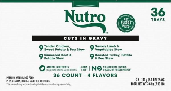 Chewy Nutro Grain-Free Beef Chicken Turkey & Lamb Stew Cuts In Gravy Variety Pack Adult Wet Dog Food 3.5-oz Tray Case Of 36