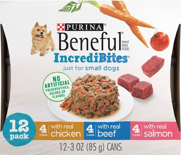Chewy Purina Beneful IncrediBites Adult Variety Pack Chicken Beef & Salmon Small Breed Wet Dog Food 3-oz case of 12