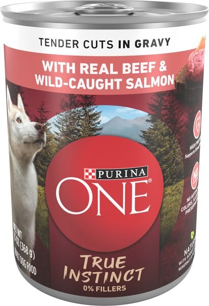 Chewy Purina ONE SmartBlend True Instinct Tender Cuts in Gravy with Real Beef & Wild-Caught Salmon Canned Dog Food 13-oz case of 12