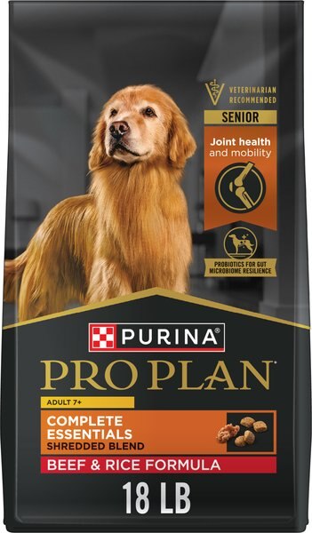 Chewy Purina Pro Plan 7+ Complete Essentials Shredded Blend Beef & Rice Formula High Protein Dog Food 18-lb Bag