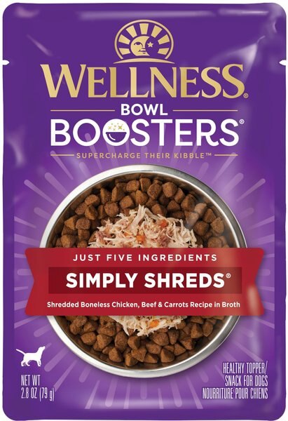 Chewy Wellness Bowl Boosters Simply Shreds Chicken Beef & Carrots Natural Grain-Free Wet Dog Food Mixer Or Topper 2.8-oz Pouch Case Of 36