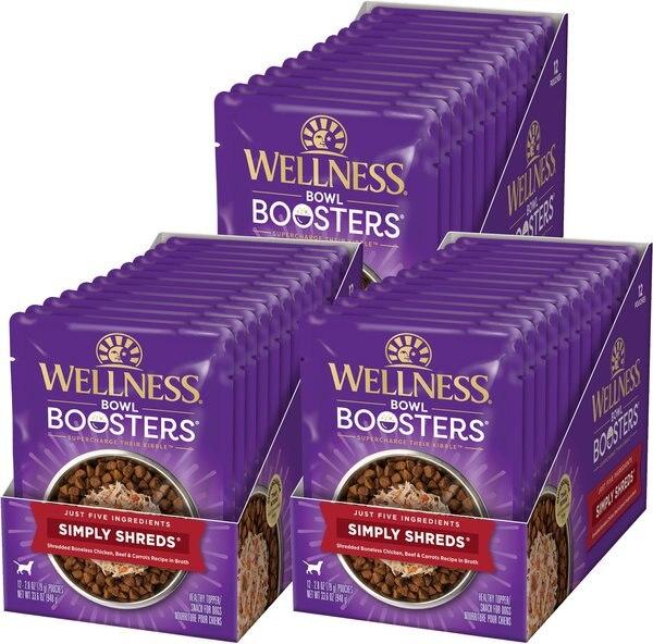 Chewy Wellness Bowl Boosters Simply Shreds Chicken Beef & Carrots Natural Grain-Free Wet Dog Food Mixer or Topper 2.8-oz pouch case of 36