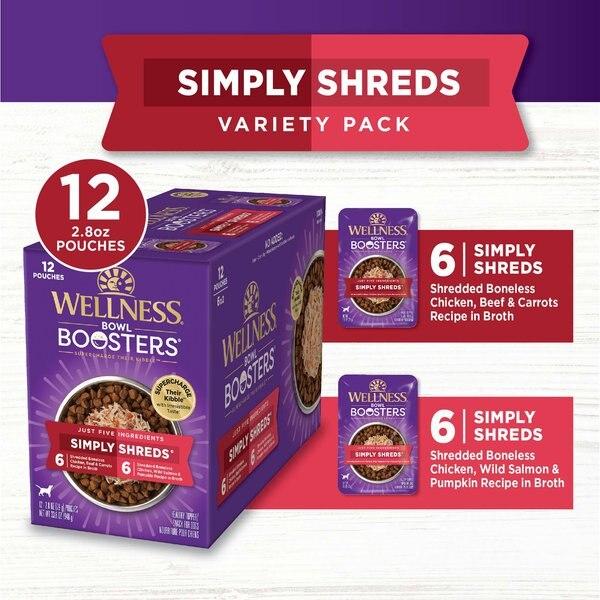 Chewy Wellness Bowl Boosters Simply Shreds Variety Pack Dog Food Topping 2.8-oz Pouch 12 Count