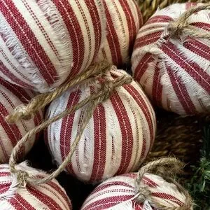 10 Primitive Red Stripe Fabric RAG BALLS Christmas Ornaments Farmhouse Decor
