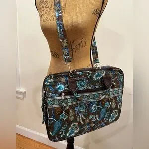 100% Cotton Large Quilted Briefcase Computer Bag Paisley Teal Brown CLEAN