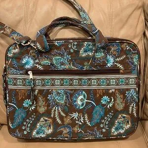 100% Cotton Large Quilted Briefcase Computer Bag Paisley Teal Brown CLEAN