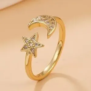 18k Gold Plated Star Moon Cubic Zirconia One Size Adjustable Ring Boutique