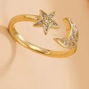 18k Gold Plated Star Moon Cubic Zirconia One Size Adjustable Ring Boutique