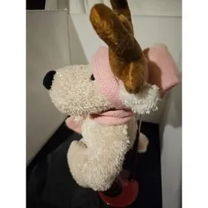 1999 Commonwealth Reindeer Plush Sparkly Ivory Floppy Pink Scarf Hat 18” F1