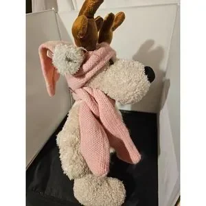 1999 Commonwealth Reindeer Plush Sparkly Ivory Floppy Pink Scarf Hat 18” F1