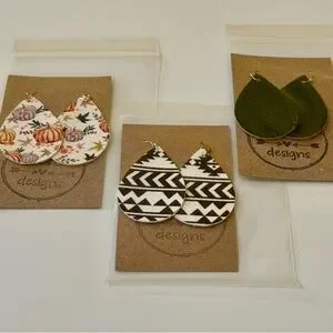 2/$30 3 Pairs Faux Leather Teardrop Earrings Handmade Green Aztec Pumpkins Fall