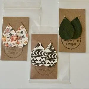2/$30 3 Pairs Faux Leather Teardrop Earrings Handmade Green Aztec Pumpkins Fall