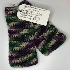 2/$49 Handmade Fingerless Gloves OSFM Purple Green Tan Crochet Knit Contemporary