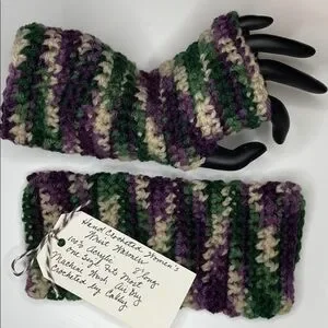 2/$49 Handmade Fingerless Gloves OSFM Purple Green Tan Crochet Knit Contemporary