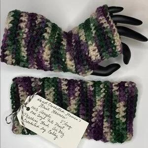 2/$49 Handmade Fingerless Gloves OSFM Purple Green Tan Crochet Knit Contemporary