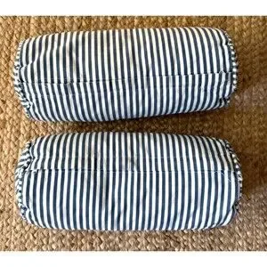2 IKEA Ektorp Cabana Stripe Bolster Roll Pillows Blue Cotton 6" X 14" Zipper