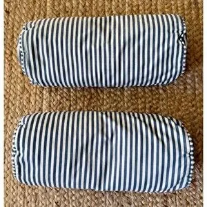 2 IKEA Ektorp Cabana Stripe Bolster Roll Pillows Blue Cotton 6" x 14" Zipper