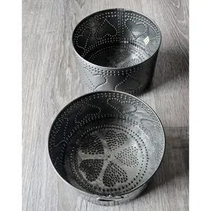 2 ~ Ivine's Tinwear Pierced Tin Heart Footed Primitive Style PA Dutch 6"x3.5"