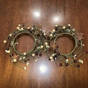 2 Rustic Berry And Star Farmhouse Primitive Candle Ring Wreaths 3" Pips Berries
