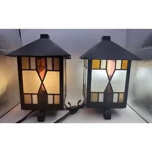 2 Stained Glass 4 Sided Table Lamp Lantern TESTED house lantern pagoda 9 inches