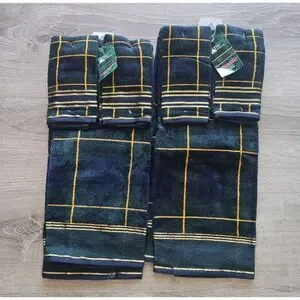 2 VTG Kmart Trim A Home Towel Sets NOS Blue/ Green Plaid With Reindeer Christmas