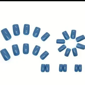 24pcs Glossy Medium Square Nails Haze Blue Full Cover Press On Nails Sweet Cool