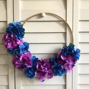 3/$20 Blue Purple Hydrangea Azalea Flower Floral Decor Twine Tweed Hoop Wreath