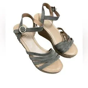 3/$20 Franco Sarto Green Suede Strappy Wedge Sandals (Size: 8)
