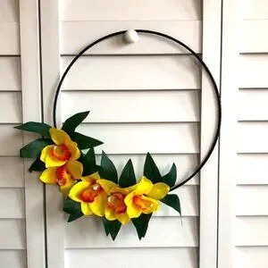 3/$20 Yellow Pink Dotted Orchid Flower Hawaiian Tropical Black Twine Hoop Wreath