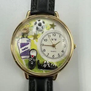 3/$30 WW Whimsical Soccer Watch Men Gold Tone Black Leather Band New Battery
