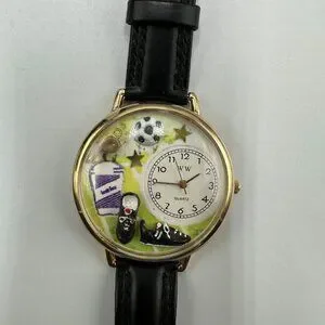 3/$30 WW Whimsical Soccer Watch Men Gold Tone Black Leather Band New Battery