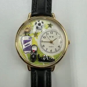 3/$30 WW Whimsical Soccer Watch Men Gold Tone Black Leather Band New Battery