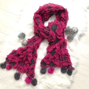 3x$25 Ruffled Scarf With Pom Poms And Knitted Flowers
