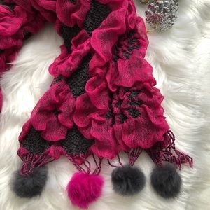 3x$25 Ruffled Scarf With Pom Poms And Knitted Flowers
